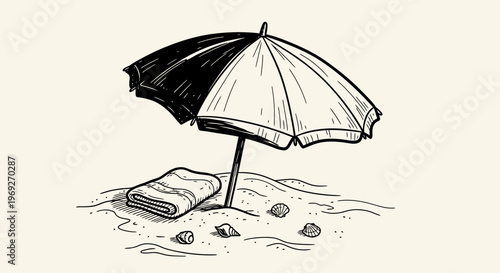 Beach summer vacation naive outline sketch vector illustration of umbrella and towel