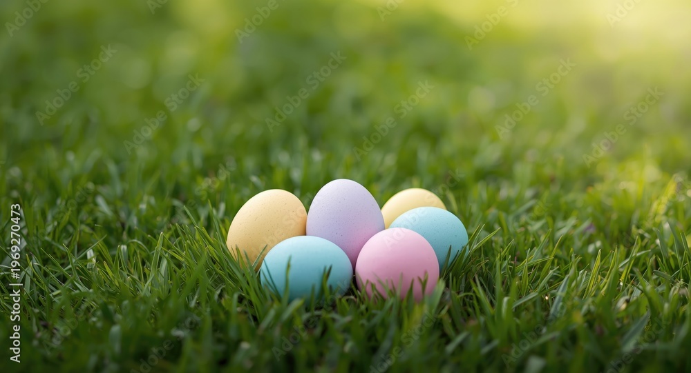 Fototapeta premium Group of six pastel Easter eggs placed on verdant lawn allowing copy space