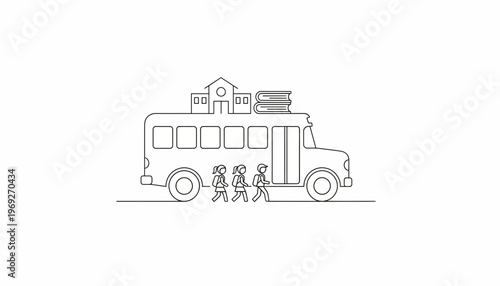 School Bus with Books and School Building on Top, Students Walking