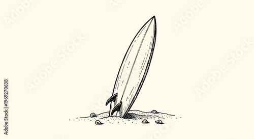 Beach summer vacation naive outline sketch vector illustration of a surfboard on sand