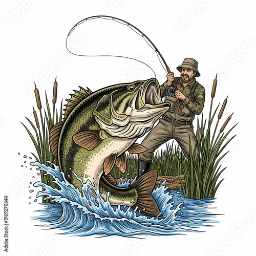 Bass fishing illustration with angler and reeds isolated on white background.