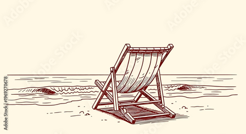 Beach summer vacation naive outline sketch vector illustration of a lone chair