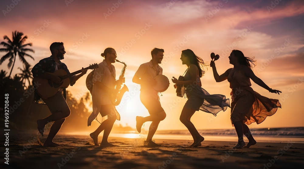Fototapeta premium Silhouetted Friends Jumping and Playing Instruments on Sunset Beach