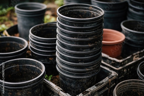 Close up view of stacked empty black plastic plant pots on discarded containers