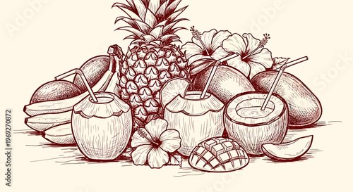 Beach summer vacation naive outline sketch vector illustration of tropical fruit