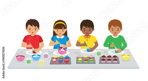 Four diverse children sit at a long table, happily decorating colorful cupcakes with frosting and sprinkles in a fun baking activity.