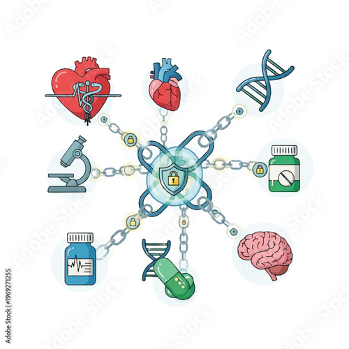 Flat lay illustration of interconnected medical and scientific symbols including a heart, DNA, brain, and pills on a white background with a blue atom.