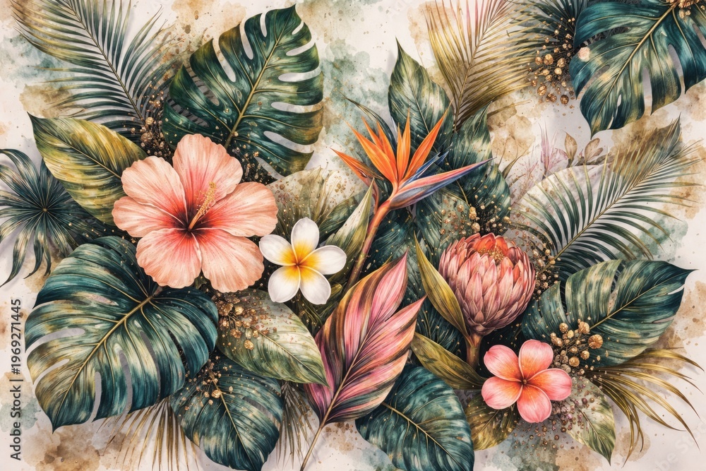 Fototapeta premium Modern tropical foliage artwork featuring mixed media floral patterns for stylish decoration