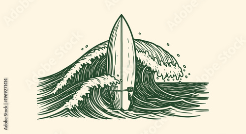Beach summer vacation naive outline sketch vector illustration of a surfboard in a wave