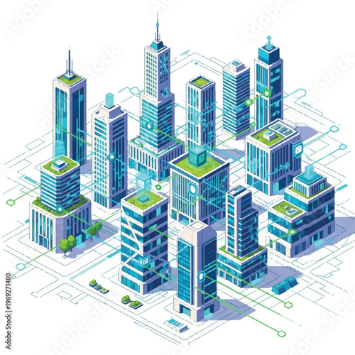 Isometric illustration of a futuristic cityscape with sleek skyscrapers and green rooftops on a white background with blue circuit lines.