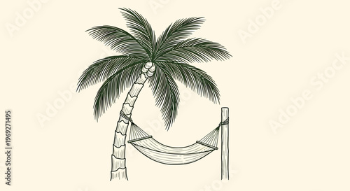 A naive outline sketch vector illustration of a hammock under a palm tree for a beach summer vacation
