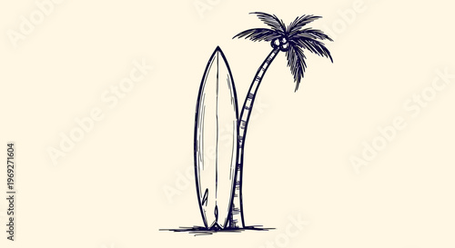 Beach summer vacation naive outline sketch vector illustration of surfboard and palm tree