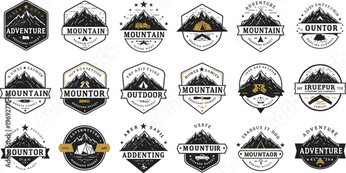 Mountain badge design, adventure hiking logo, outdoor camping emblem, retro travel crest, wilderness trekking label, vintage tourism insignia, expedition nature graphic, exploration symbol