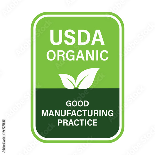 USDA Organic and Good Manufacturing Practice Certification Seal with Green Leaves Icon for Natural Products, Food Safety, and Healthy Supplement Branding