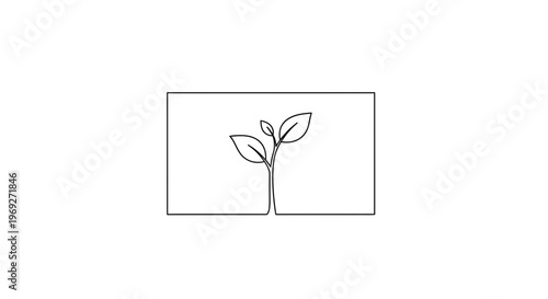 Minimalist single line drawing of a sprouting plant inside a rectangle, symbolizing growth and new beginnings.