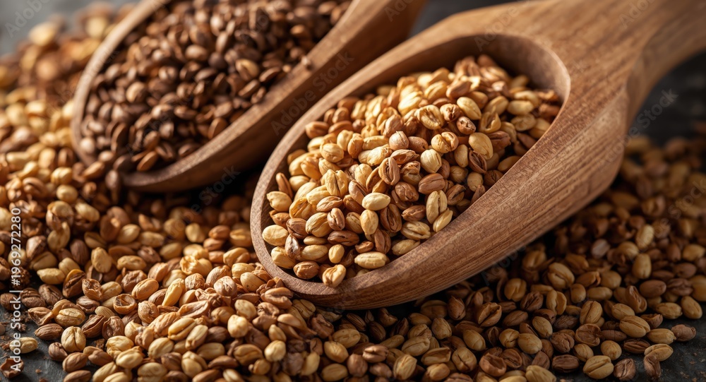 Obraz premium Macro detail of healthy grains mix in wooden scoops with natural and organic seasoning
