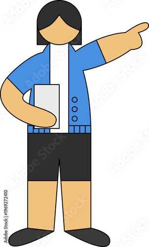 Vector illustration of a woman in a blue cardigan holding a folder and pointing toward a direction