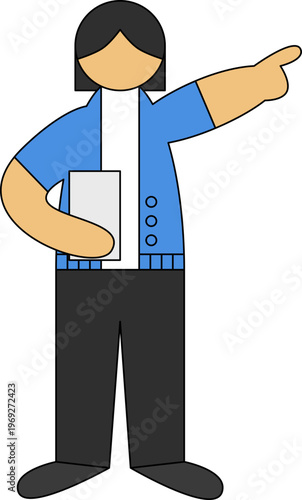 Vector illustration of a woman in a blue cardigan holding a folder and pointing toward a direction