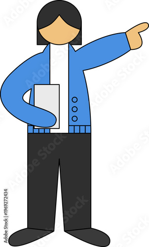 Vector illustration of a woman in a blue cardigan holding a folder and pointing toward a direction
