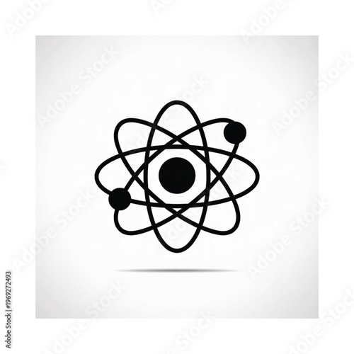 A black atomic model illustration with orbiting electrons on white background