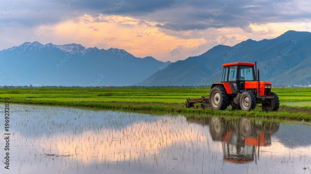 Fototapeta premium A tractor plows through a vibrant green field under a dramatic sky reflecting on water