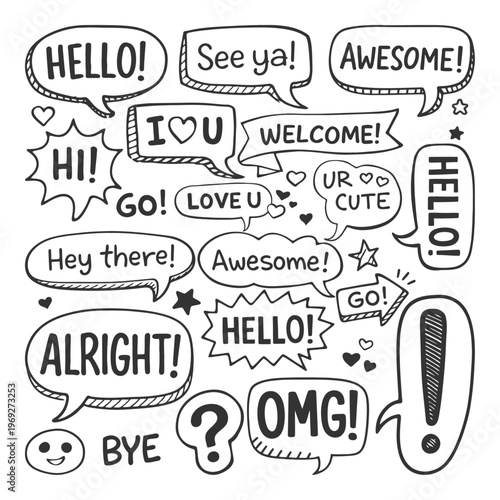 Hand-drawn speech bubbles with various greetings and exclamations