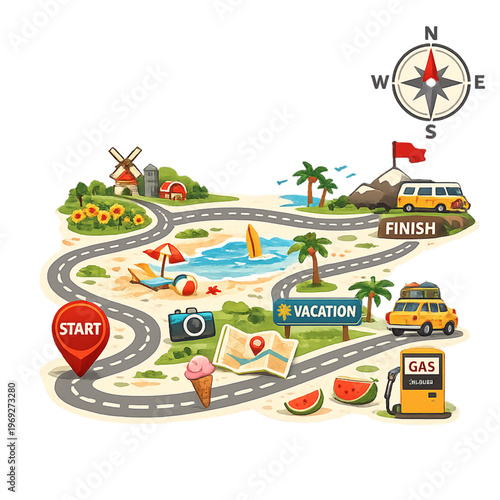 summer road trip map, road trip adventure map, travel route illustration, vacation road map, journey planner map, travel itinerary map, highway road trip design, summer travel concept, adventure map i