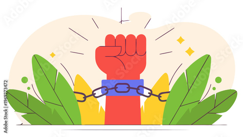 Red Clenched Fist Breaking Chains Illustration for Freedom