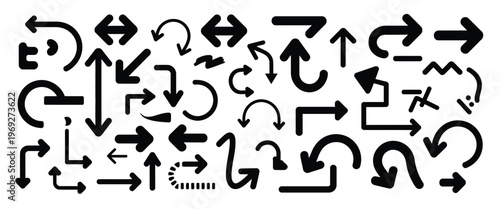 Collection of various black arrows and pointers on white background for design and graphic use.