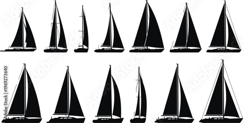 Sailboat silhouette vector collection, yacht and sailing ship illustrations, nautical sea transport, marine vessels set, black simple design for water travel themes