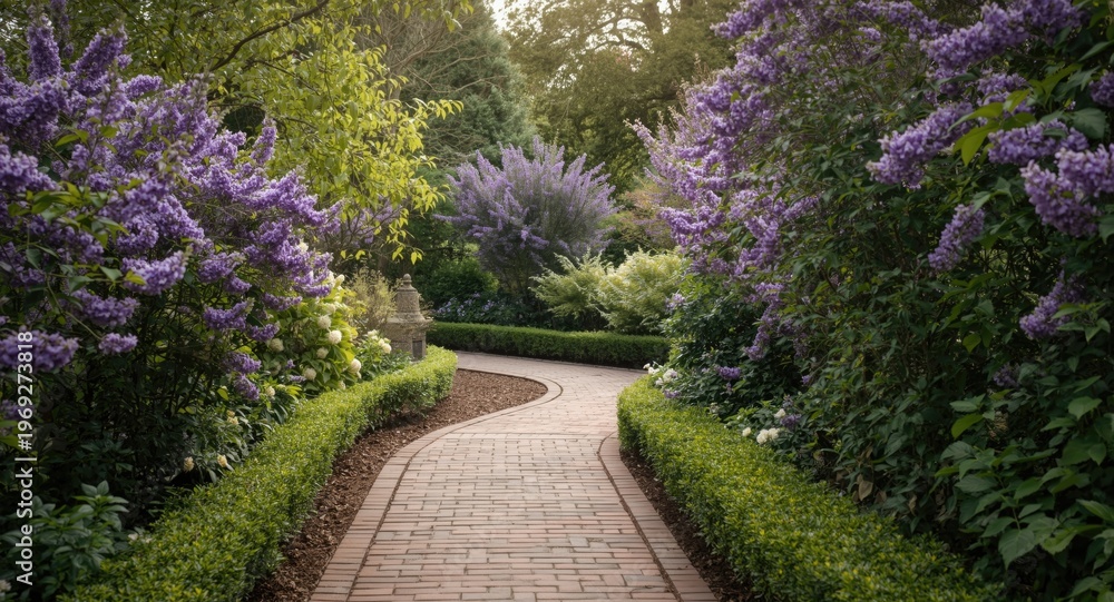 Obraz premium Tranquil walkway in garden surrounded by blooming purple blossoms and peaceful atmosphere