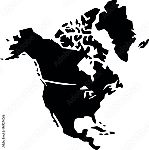 North America map silhouette with detailed continent outline in minimalist black vector design