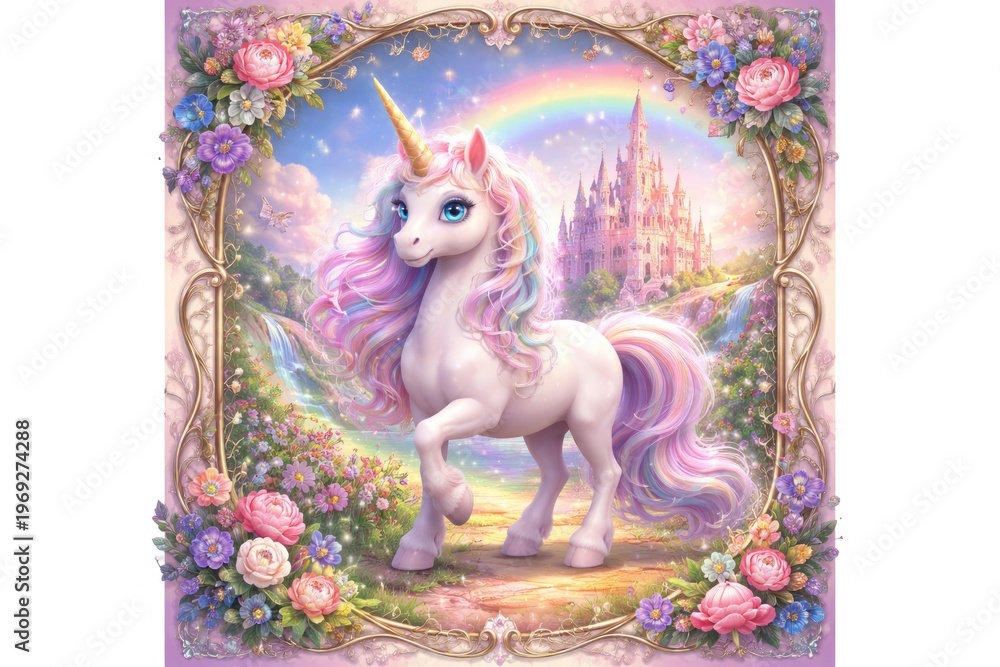 Obraz premium Whimsical cartoon unicorn with magical fairy tale castle frame