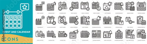 Event and Calendar Icon set. Event Calendar, Calendar Event, Upcoming Events, Event Schedule, Monthly Calendar, Weekly Planner, Event Reminder, Calendar Reminder and Agenda Planner