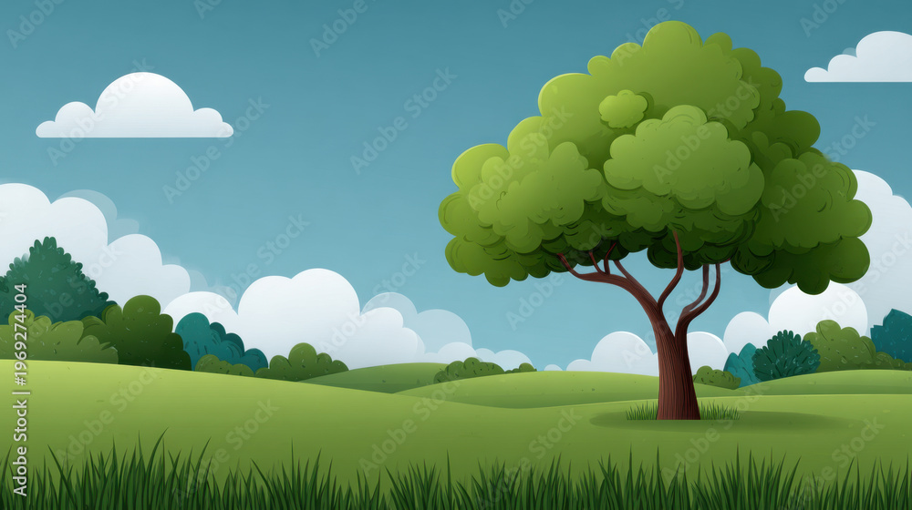 Fototapeta premium Green tree grassy field blue sky cloud landscape nature meadow hill park background