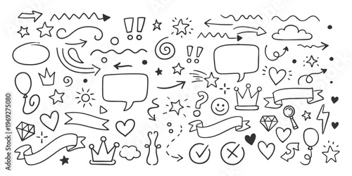 Doodle Elements. Arrows, Speech Bubbles, Hearts, Crowns & Stars