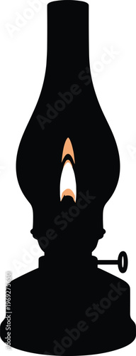 Silhouette of a kerosene lamp with a glowing flame