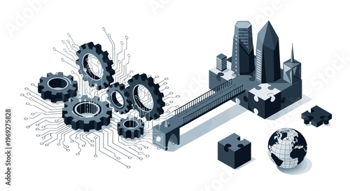 Industrial gears and cogs construct futuristic cityscape with globe and circuit board
