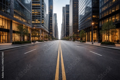 Empty urban street with modern office buildings and copy space for text