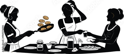 Silhouette of three women sharing pancakes and coffee in a kitchen