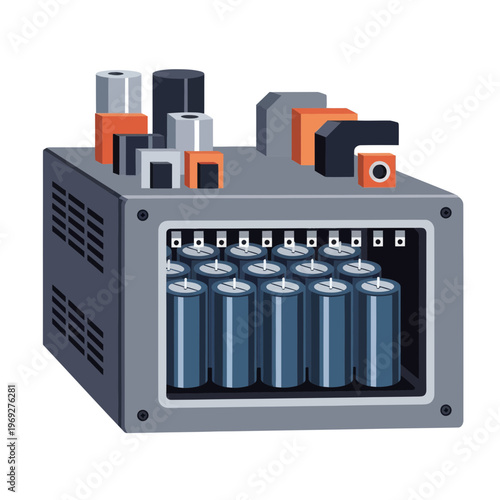 Electronic Power Supply Unit Vector Illustration, Industrial Capacitor Bank Component for Electrical Engineering and Circuitry Design Projects