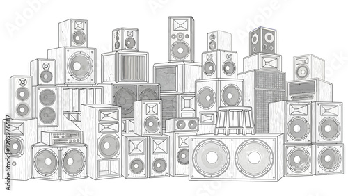 Large Pile of Audio Speakers Vector Illustration Hand Drawn Style Music Equipment Graphic for Sound System Design and Concert Audio Concept