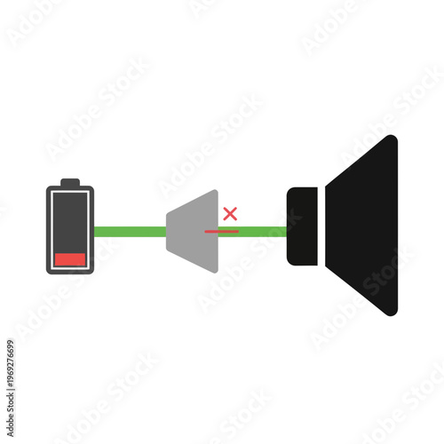 Low Battery Power Disconnected Audio Speaker Vector Illustration Icon Representing Sound System Failure or Muted Device Connection Status for Technical UI Design