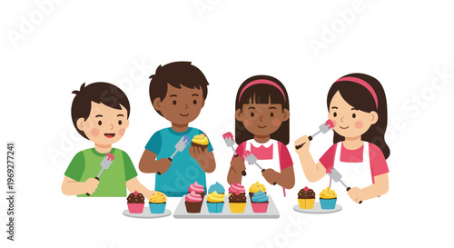 Four happy children are gathered around a table, joyfully decorating a variety of colorful cupcakes with pink frosting using small spatulas.