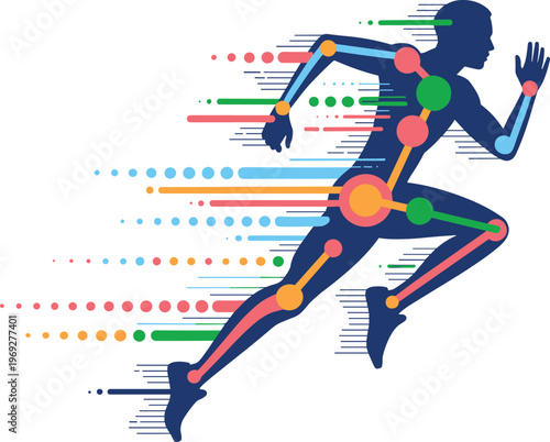Running Athlete Silhouette with Motion Lines and Data Points in Flat Modern Style for Fitness and Sports Design