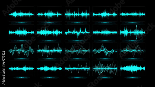 Set of Digital Audio Sound Waveform Vector Illustrations featuring Neon Blue Pulse Patterns for Music Technology and Data Visualization Graphic Design Projects