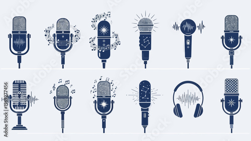 Set of Microphone Icons Vector Illustration Featuring Podcast Equipment and Audio Recording Elements for Digital Media Production and Broadcasting Design