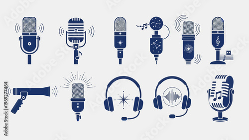 Set of Professional Microphone and Headset Equipment Vector Illustration for Podcast and Audio Recording Studio Branding Design