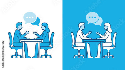 Vector graphic illustration Of two people discussing and negotiating in a meeting with speech bubbles on white and blue backgrounds