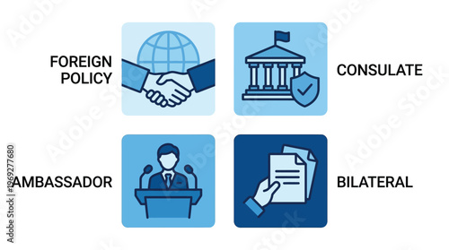 Vector graphic illustration Of international relations concepts including foreign policy consulate ambassador and bilateral agreements
